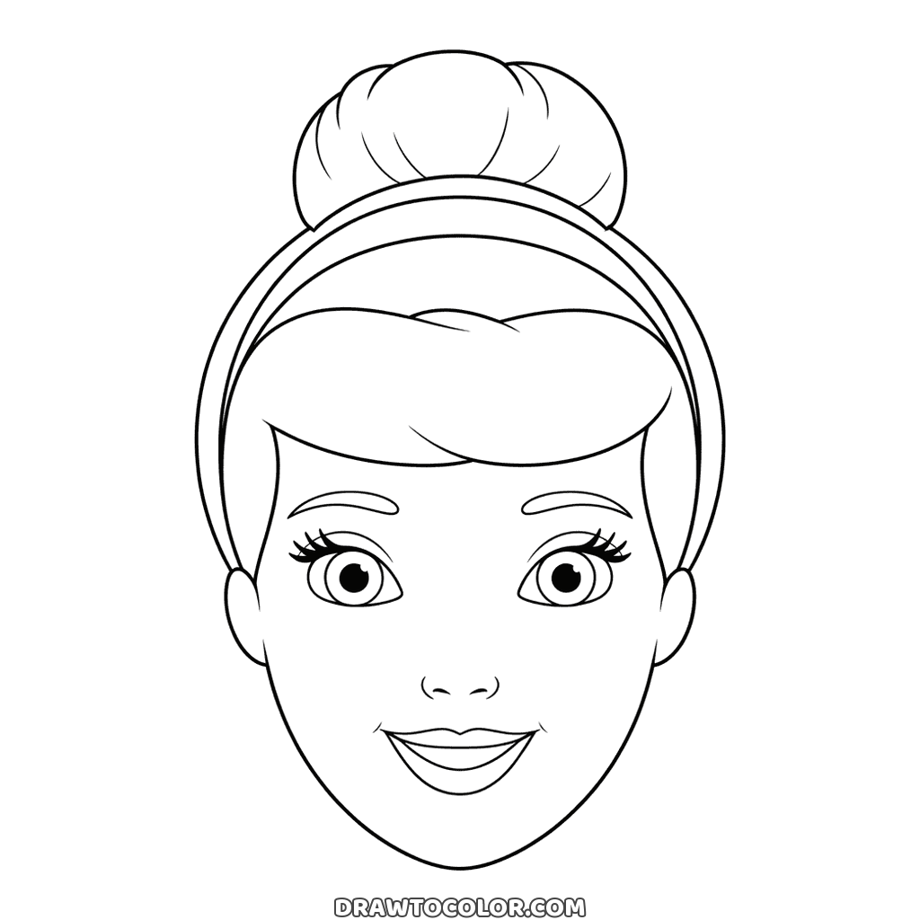 Printable Cinderella face with big lashed eyes, a soft smile, a wide headband and her hair up in a bun