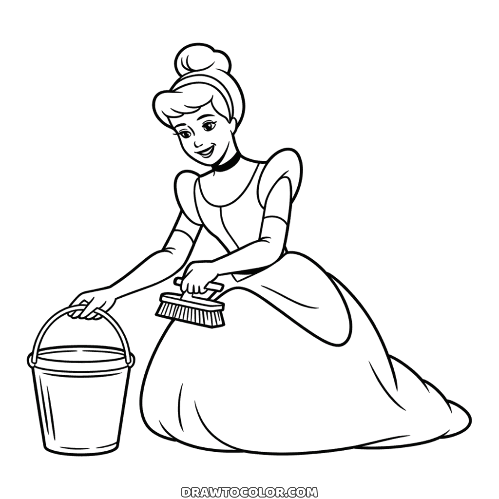 Cinderella on her knees with a scrub brush, a coloring page of her chores as she reaches for the bucket