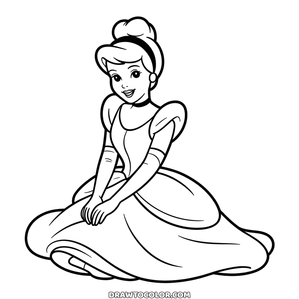 To color: Cinderella sitting on the floor, skirt spread in wide folds and gloved hands resting in her lap
