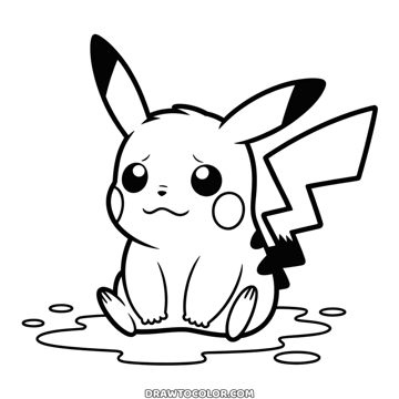 Coloring page of a sad little Pikachu sitting in a puddle, worried eyebrows and a wobbly mouth