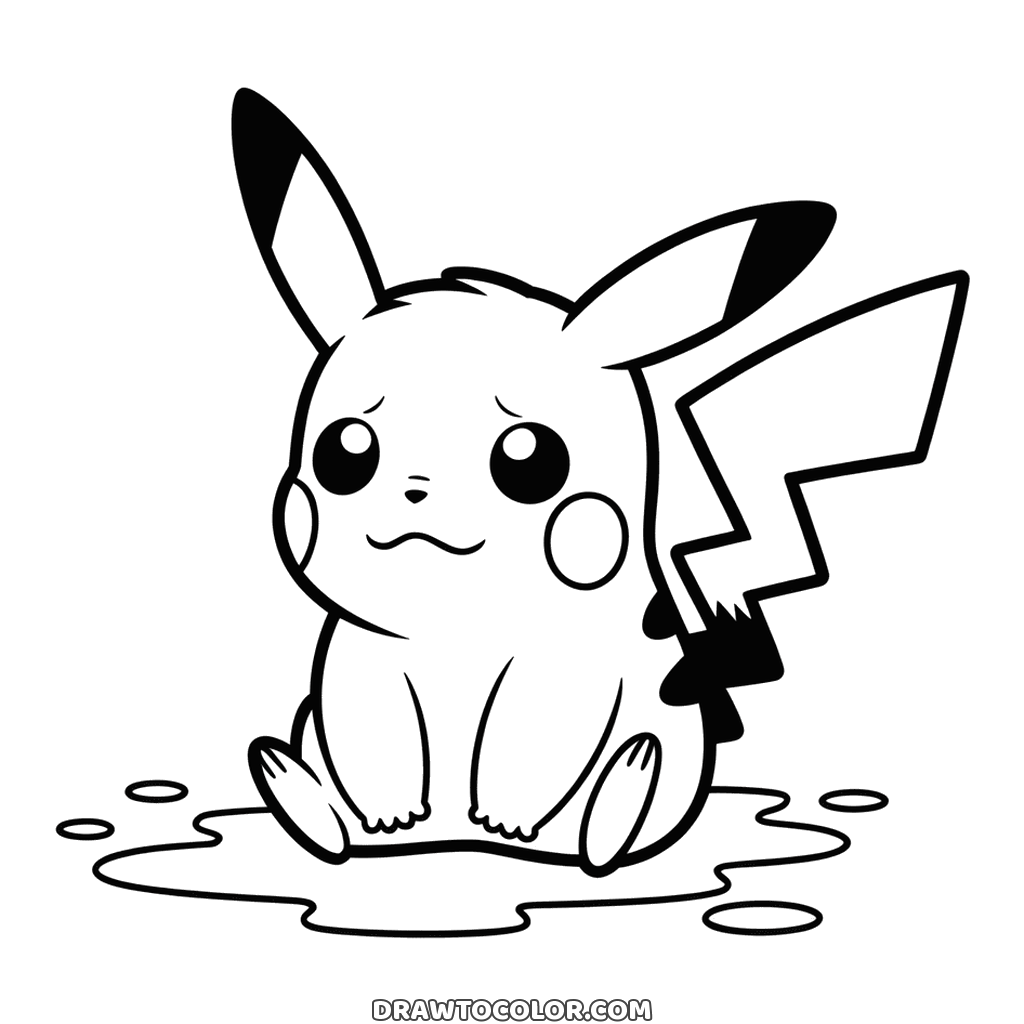 Coloring page of a sad little Pikachu sitting in a puddle, worried eyebrows and a wobbly mouth