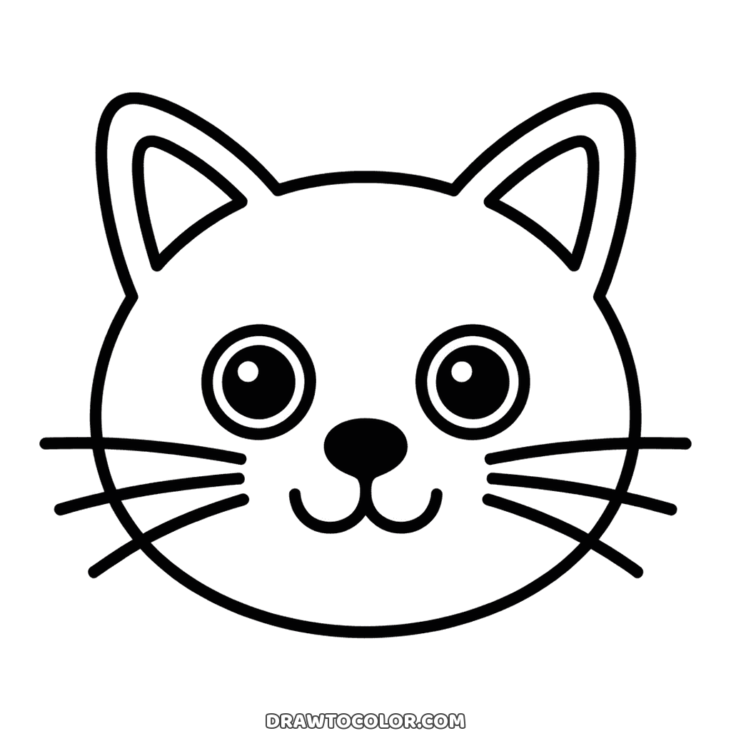 Cute cat face coloring page with big round eyes, a dark nose and three whiskers on each side