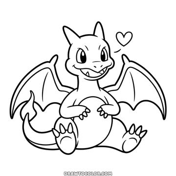 Cute Charizard Pokémon sitting with wings spread, paws on its round belly and a heart above, to color