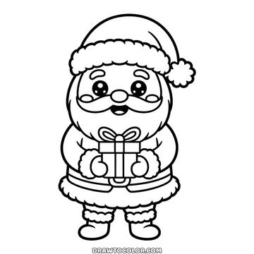 Cute Santa hugging a wrapped present, an easy Christmas coloring page with a beard like a cloud