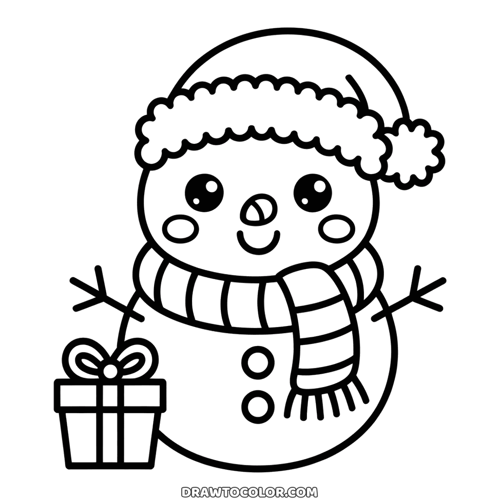 Coloring sheet for Christmas: a round snowman with rosy cheeks, a fluffy hat and a gift box