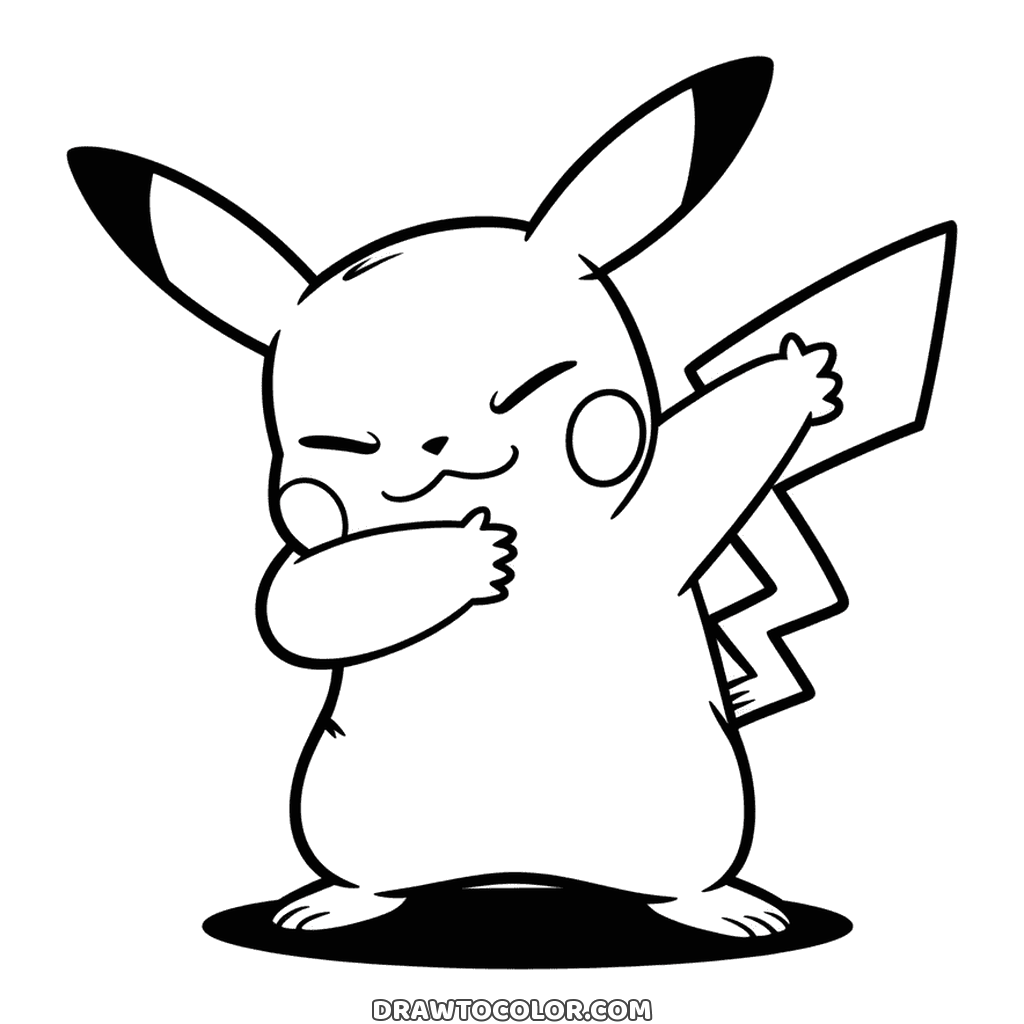 Pikachu macht die Dab-Pose, einen Arm hoch gestreckt, das Gesicht in der anderen Armbeuge, Ausmalbild
