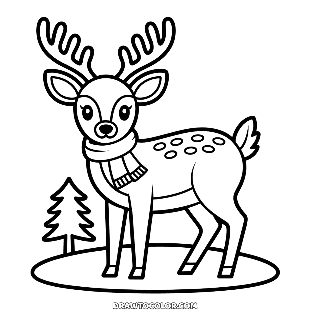 Spotted deer with tall antlers and a knitted winter scarf standing near a little fir tree, to color