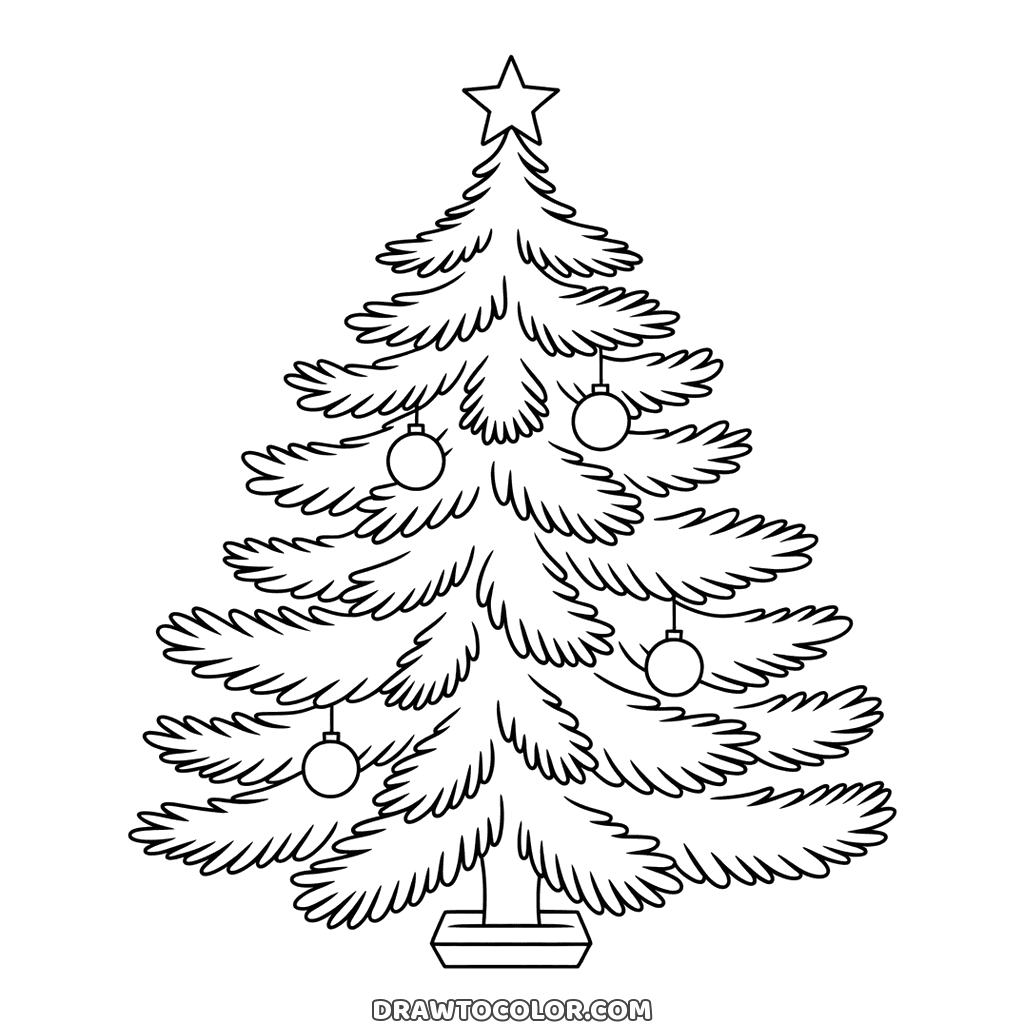 Detailed Christmas tree coloring page for older kids and adults, feathery needles and four baubles