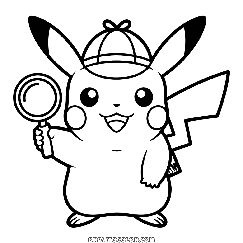 Detective Pikachu in a cap with a bow on top, holding up a magnifying glass, a Pokémon coloring page