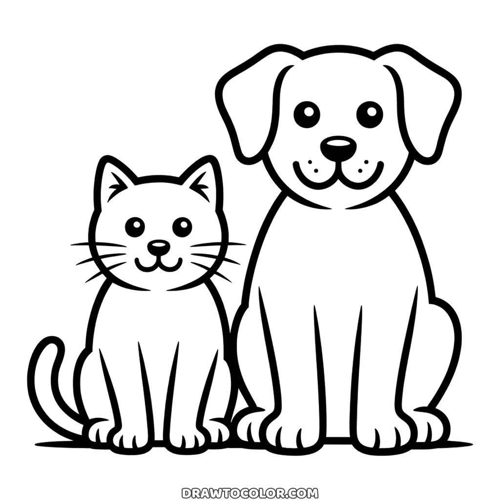 Gato y perro para colorear, sentados lado a lado: un gatito con bigotes junto a un perro grande y risueño