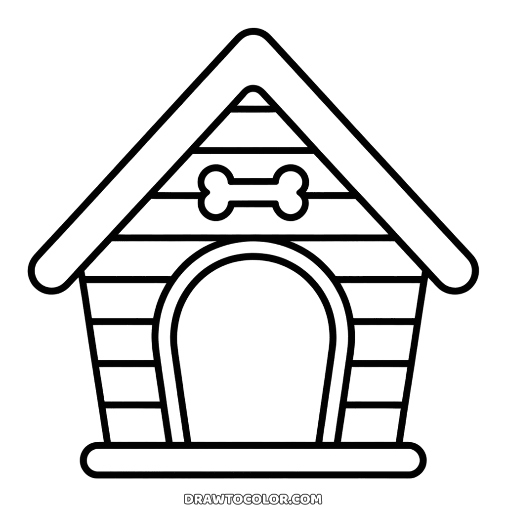 Casita de perro de tablas con tejado a dos aguas, entrada en arco y un hueso en lo alto, para imprimir
