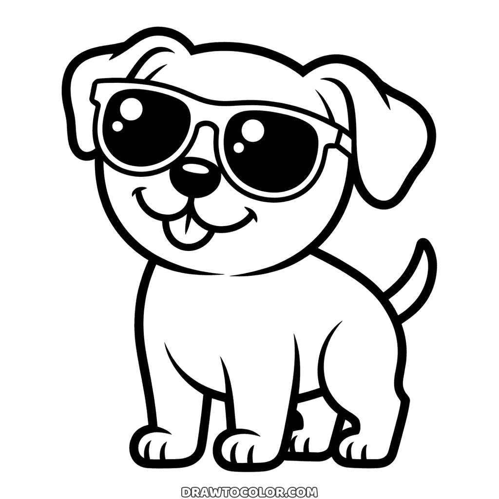 Perro presumido con gafas de sol grandes, de pie con la lengua fuera y la cola en alto, para imprimir