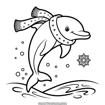 Lachender Delfin mit langem Winterschal springt aus den Wellen unter Schneeflocken, zum Ausmalen
