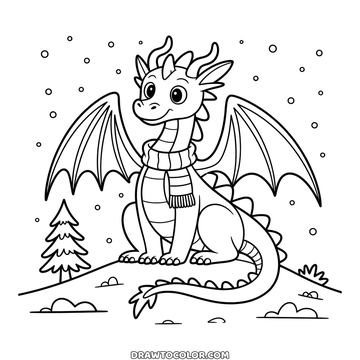 Friendly dragon with spread wings, horns and a striped scarf sitting on a winter hill, a coloring page