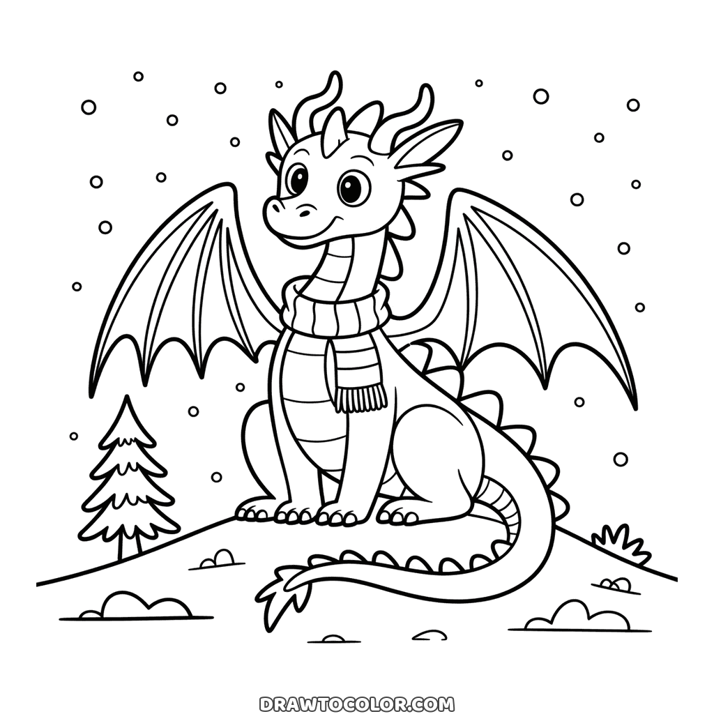 Friendly dragon with spread wings, horns and a striped scarf sitting on a winter hill, a coloring page