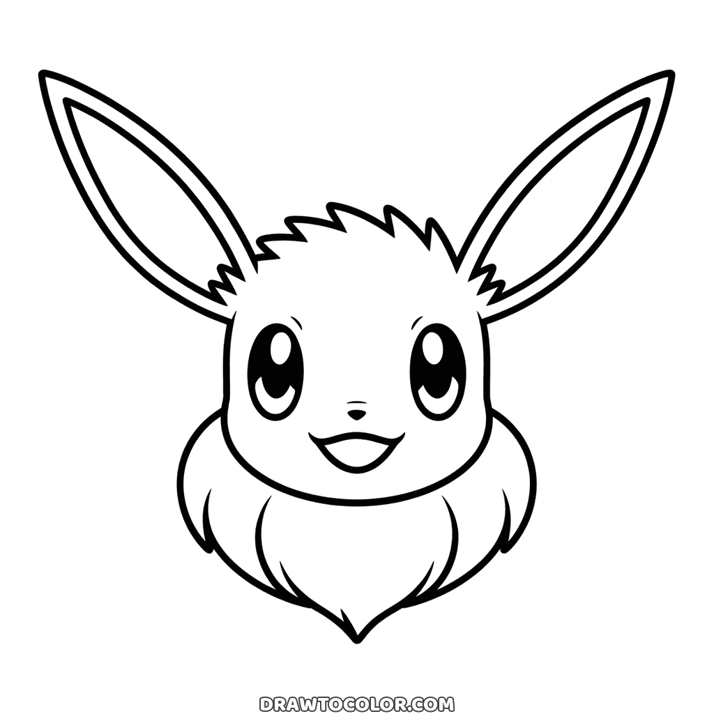 Easy drawing of the Eevee Pokémon face with tall pointed ears, big eyes and a fluffy collar