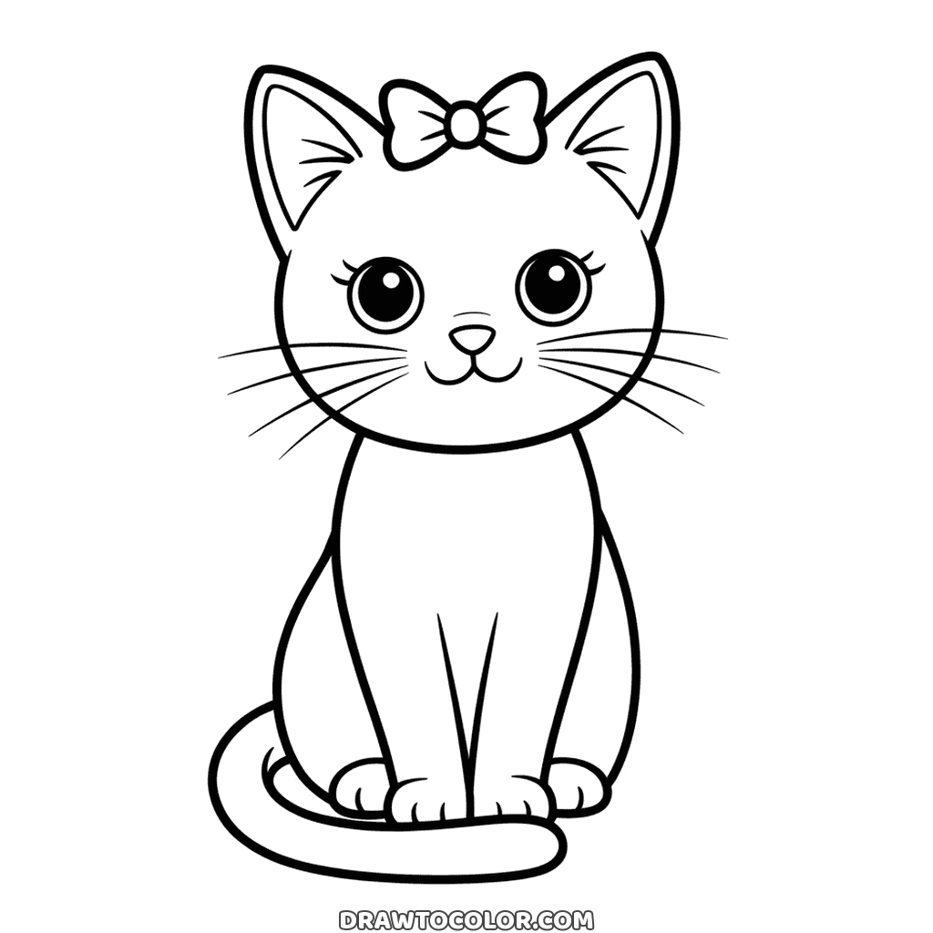Kitten with long lashes and a bow on its head, tail curled around its paws, coloring page