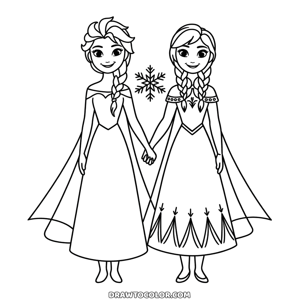 Elsa and Anna standing side by side in long gowns and capes, a snowflake between them, ready to color