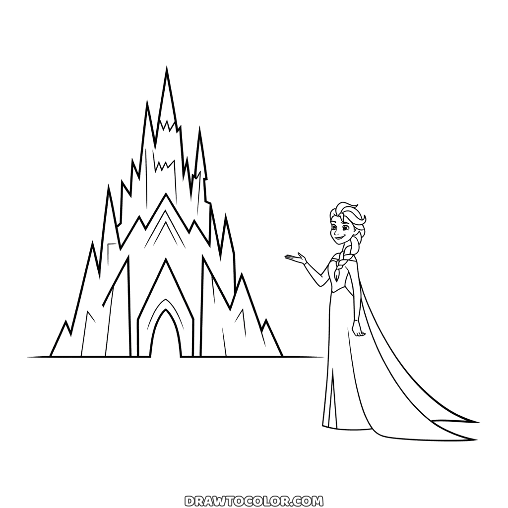 Drawing to color of Elsa showing off her ice palace, all jagged spires, her cape trailing behind