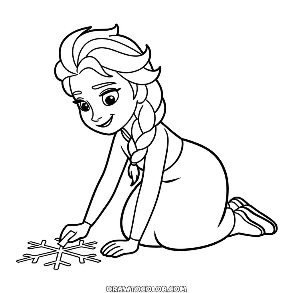 Elsa kneeling to trace a snowflake on the ice, a printable with her braid falling over her shoulder