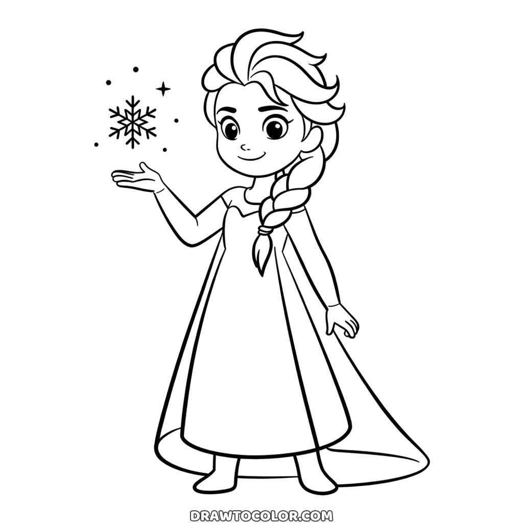 Elsa with her braid and long cape, a snowflake sparkling over her open hand, a Frozen coloring page
