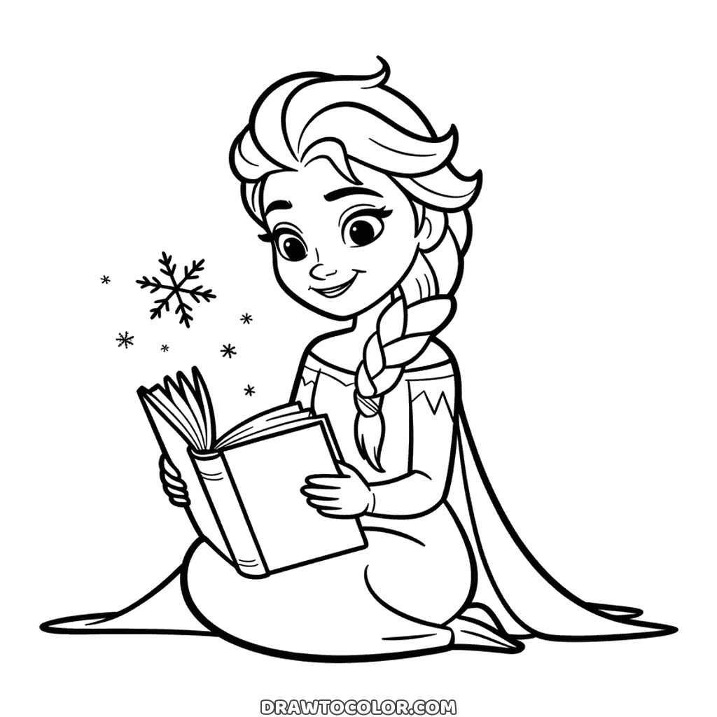Elsa sitting with an open book to color, little snowflakes drifting by and her cape spread on the floor