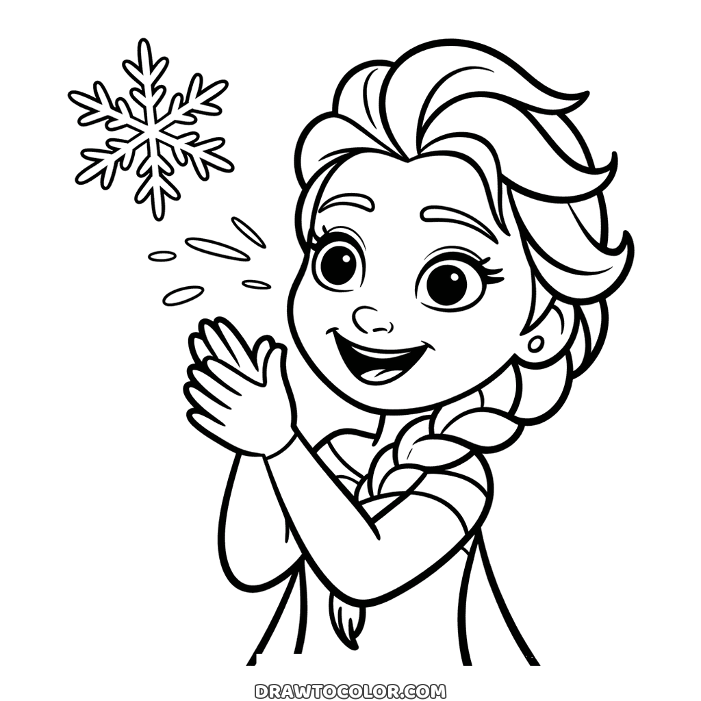 Elsa clapping with a delighted grin, an easy drawing with a big snowflake and her side braid