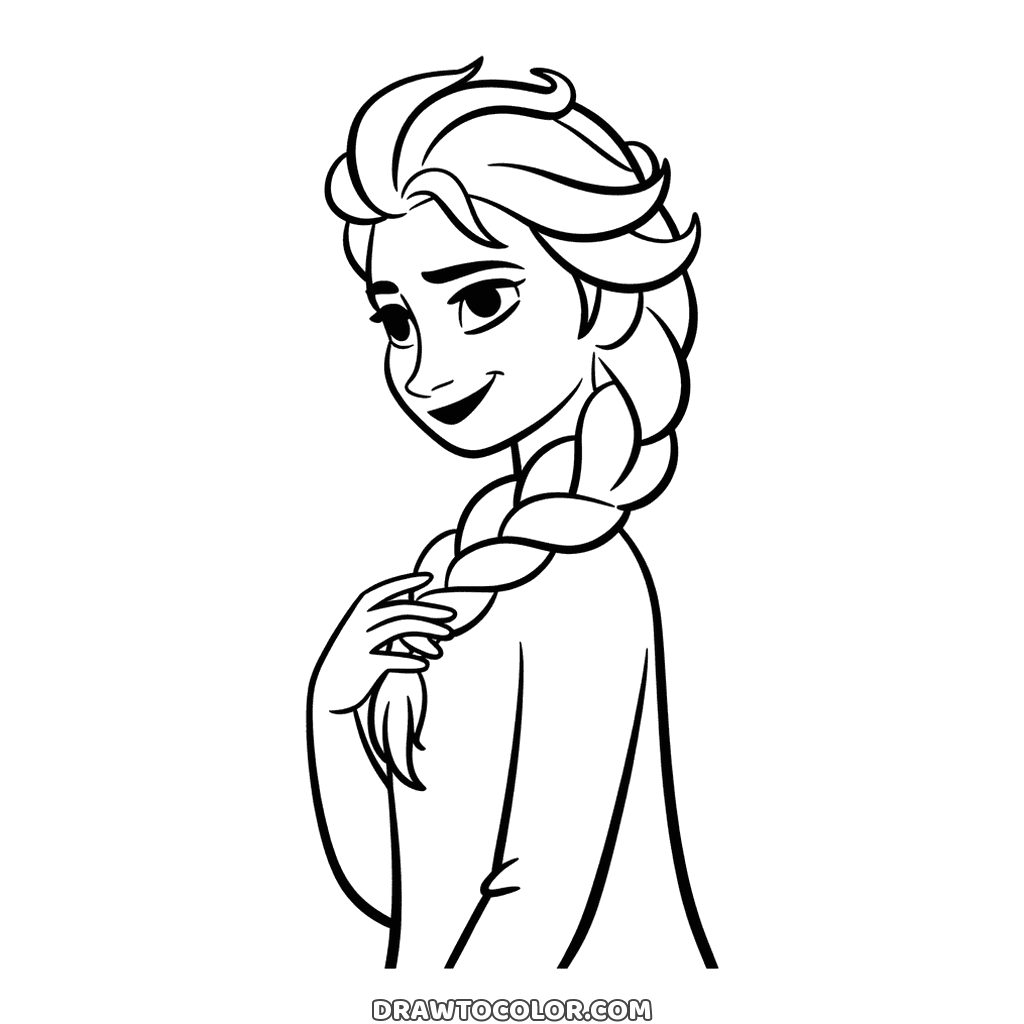 Coloring sheet of Elsa glancing over her shoulder and twirling the end of her long braid