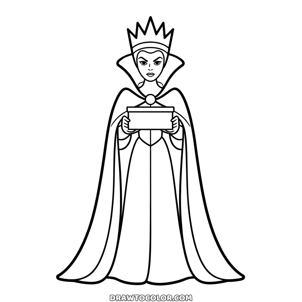 The Evil Queen in her tall crown, high collar and sweeping cape, holding a box, a Snow White coloring page