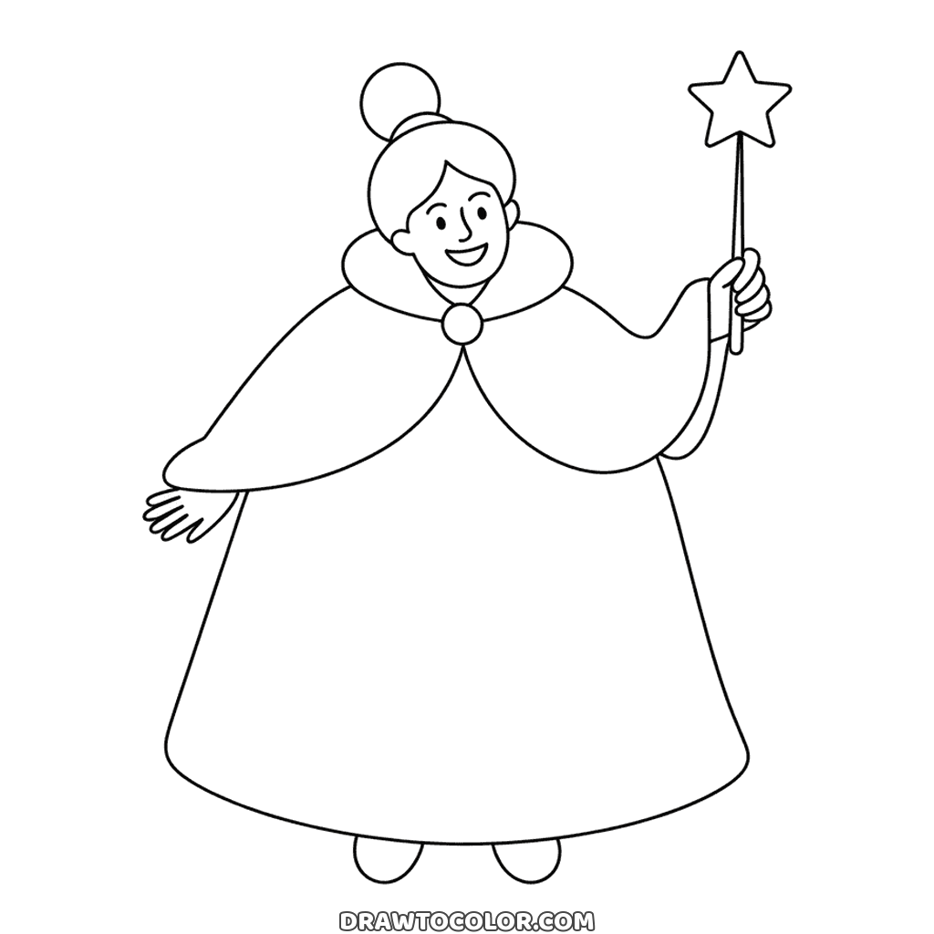 Fairy Godmother in a cape with a round collar, raising a star wand beside her, an easy drawing for kids