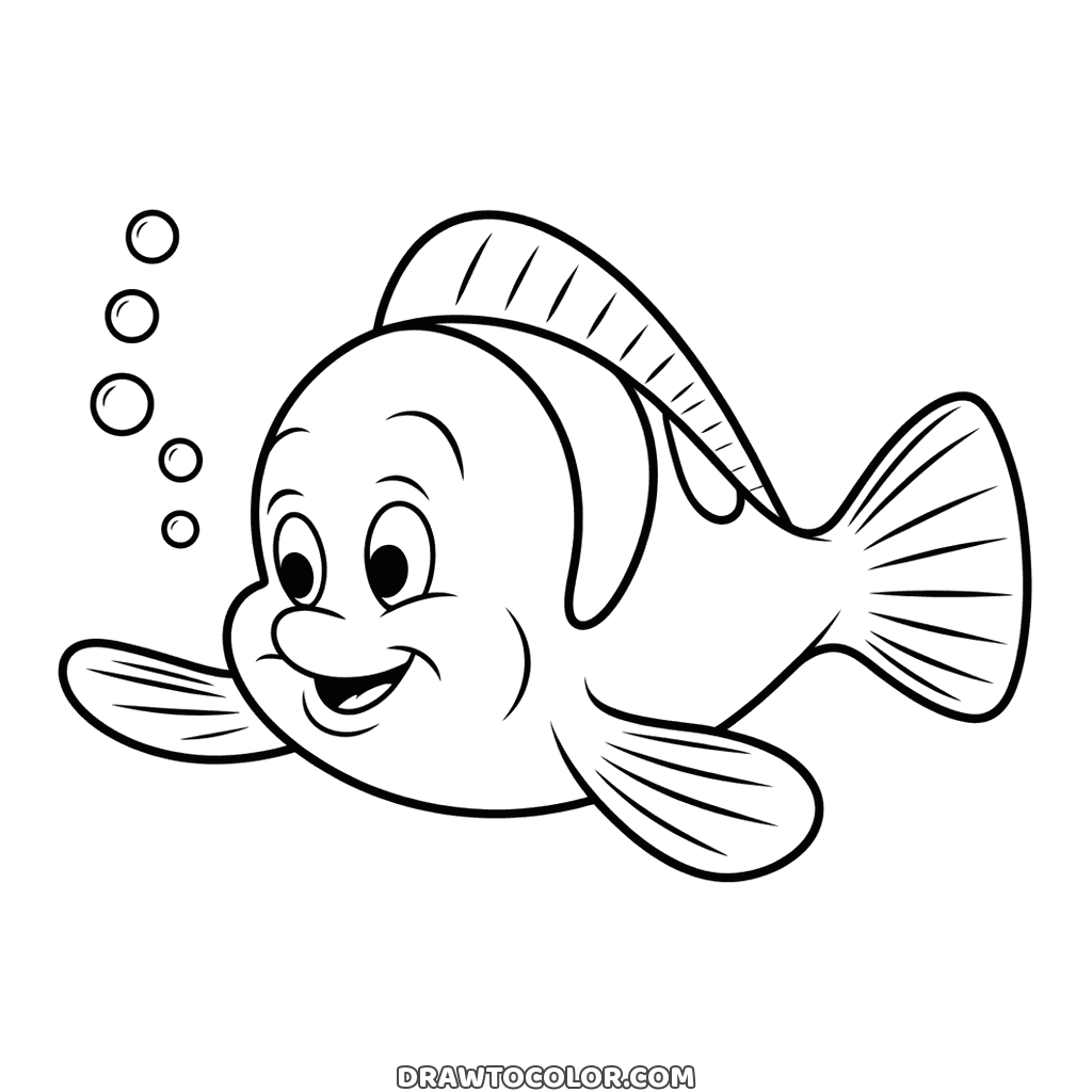Flounder from The Little Mermaid, a coloring sheet with his round body, wide grin, fins and bubbles