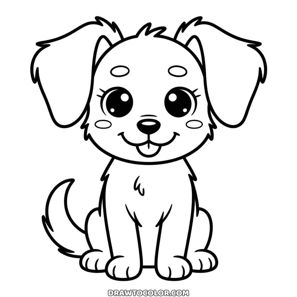 Dibujo fácil de un perrito peludo sentado, con orejas largas y despeinadas, ojos brillantes y mejillas redondas
