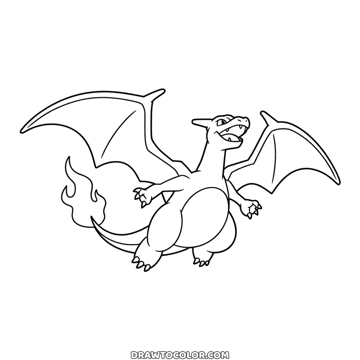 Flying Charizard Pokémon with wings fully open, mouth open and a large flame on its tail, a coloring page for fans
