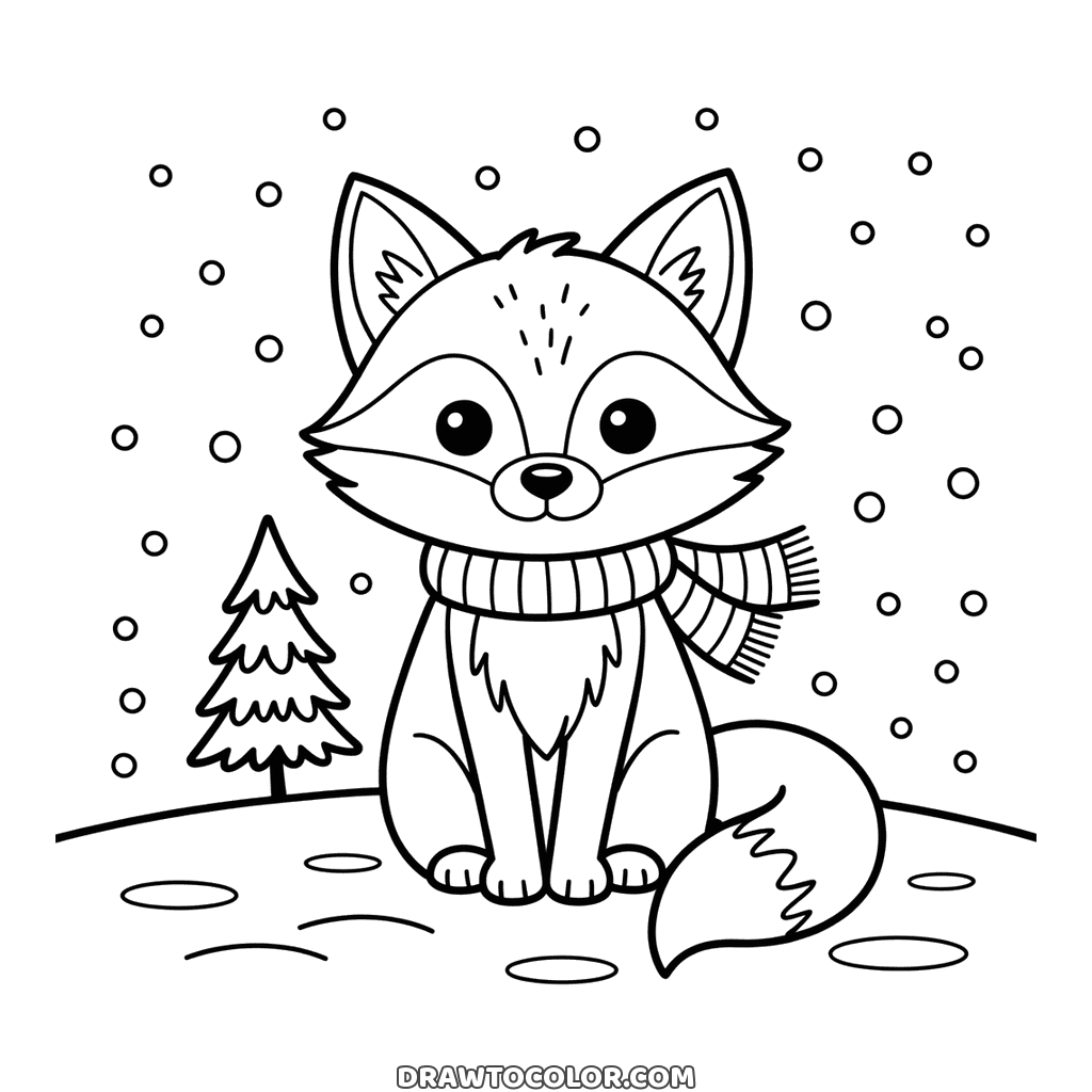 Zorro tierno sentado en la nieve con bufanda de invierno y cola esponjosa, un dibujo fácil para niños