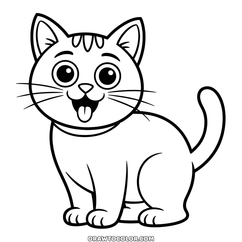Silly cat sticking out its tongue with wide eyes and a collar, a printable sheet for kids