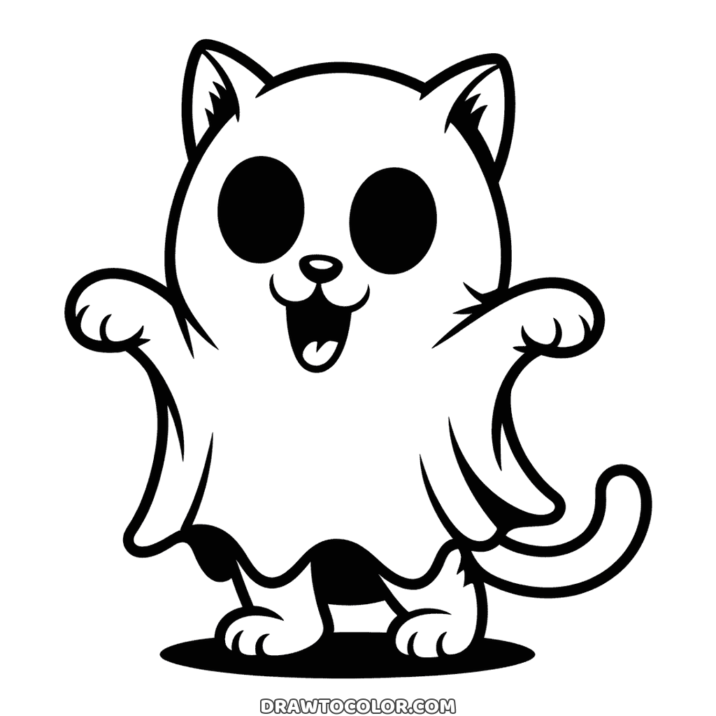 Cat hiding under a ghost sheet with both paws stretched out, drawing to color for Halloween