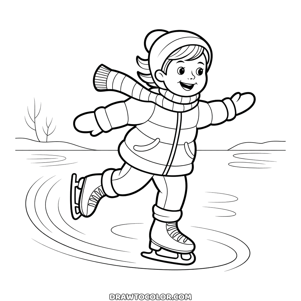 Niña patinando sobre un lago helado de invierno, con los brazos abiertos, dibujo bonito para colorear