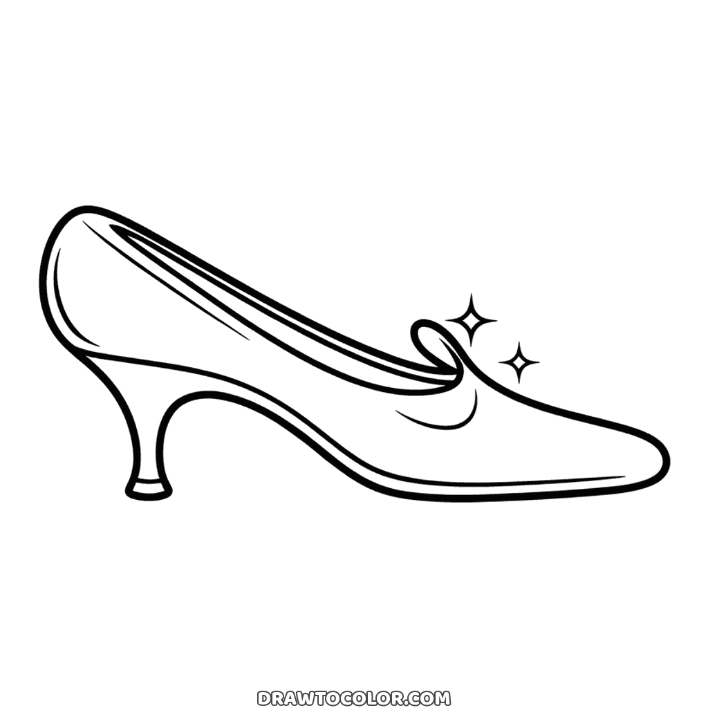 Cinderella's glass slipper with a curled front, a slim heel and two little sparkles, a simple coloring sheet