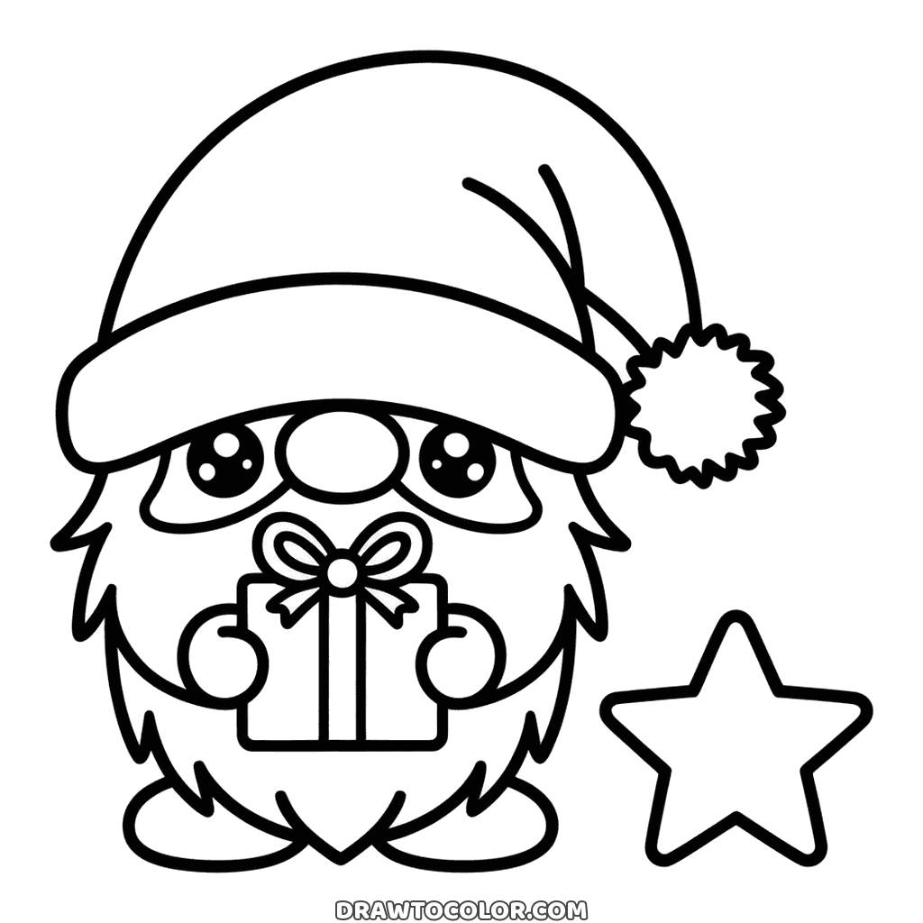 Gnomo di Natale col berrettone e la barba folta, un pacchetto in mano: disegno facile