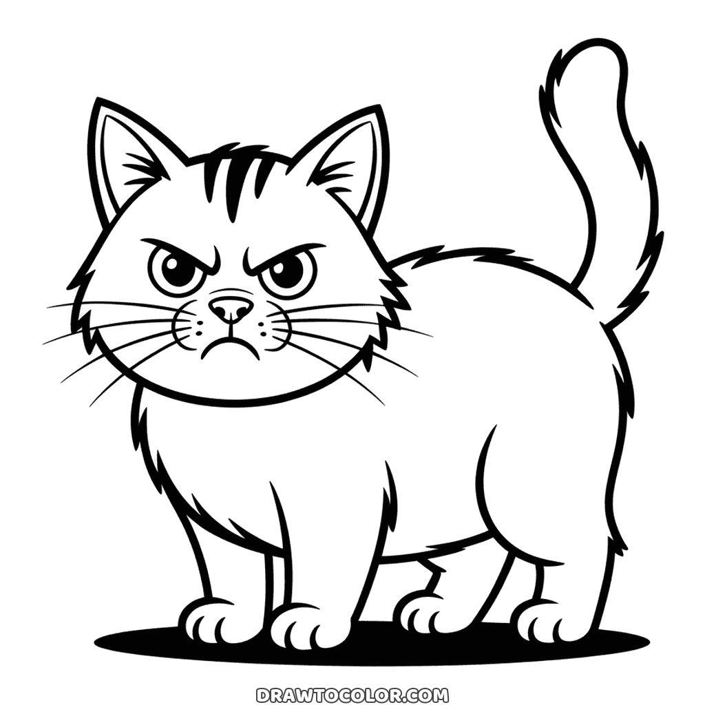 Fluffy tabby frowning with lowered brows and a pouting mouth, a funny coloring sheet for kids