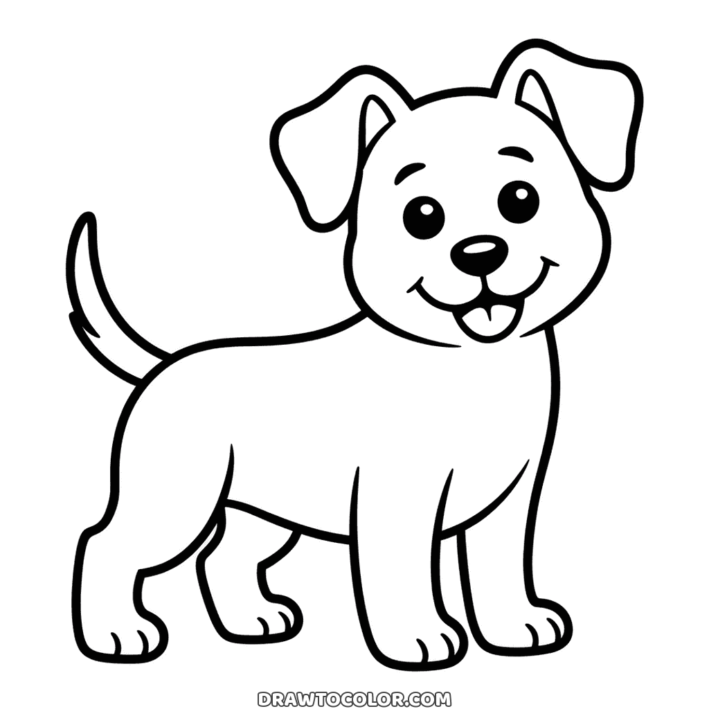 Perro juguetón de pie con las orejas dobladas, una gran sonrisa y la cola hacia arriba, dibujo para imprimir