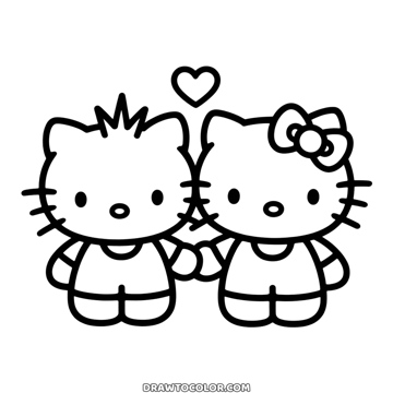 Hello Kitty de la mano con Dear Daniel, su amigo del mechón de pelo en punta, bajo un corazón para colorear