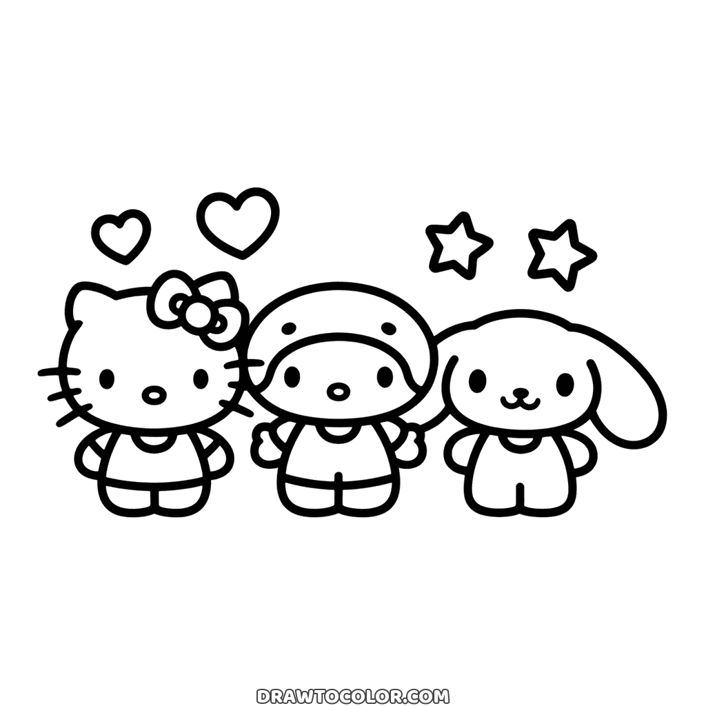 In fila da colorare: Hello Kitty, un amico col cappuccio e Cinnamoroll sotto cuori e stelle