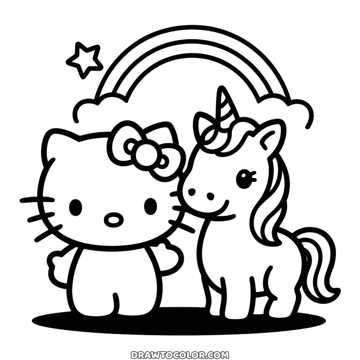 Hello Kitty beside a little unicorn under a rainbow with stars, a cute drawing to print and color