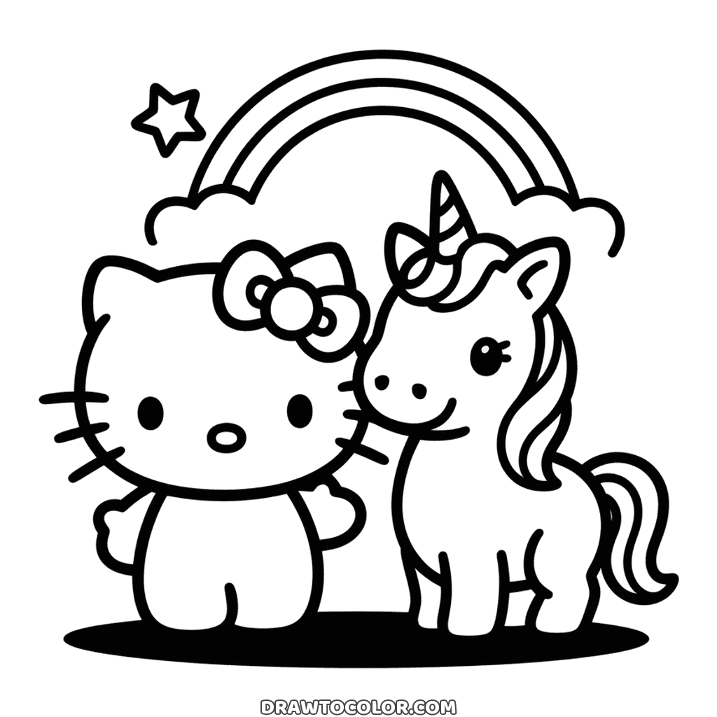 Hello Kitty e un piccolo unicorno sotto l'arcobaleno, un disegno carino da colorare