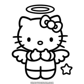Easy Hello Kitty angel coloring page, a halo, small wings and paws held together above a star
