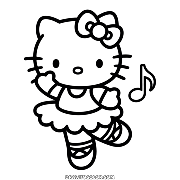 Simple drawing of Hello Kitty dancing ballet on one foot in a tutu and ribboned shoes, a note nearby