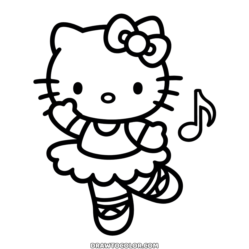 Hello Kitty ballerina in punta di piedi col tutù accanto a una nota, disegno da stampare