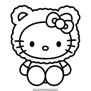 Teddy bear costume Hello Kitty, a fluffy hood with two round ears around her face, to print and color