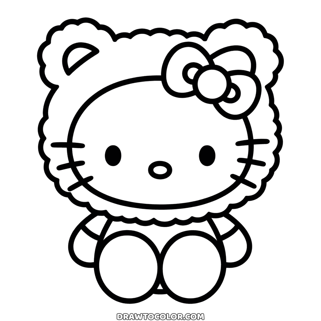 Teddy bear costume Hello Kitty, a fluffy hood with two round ears around her face, to print and color